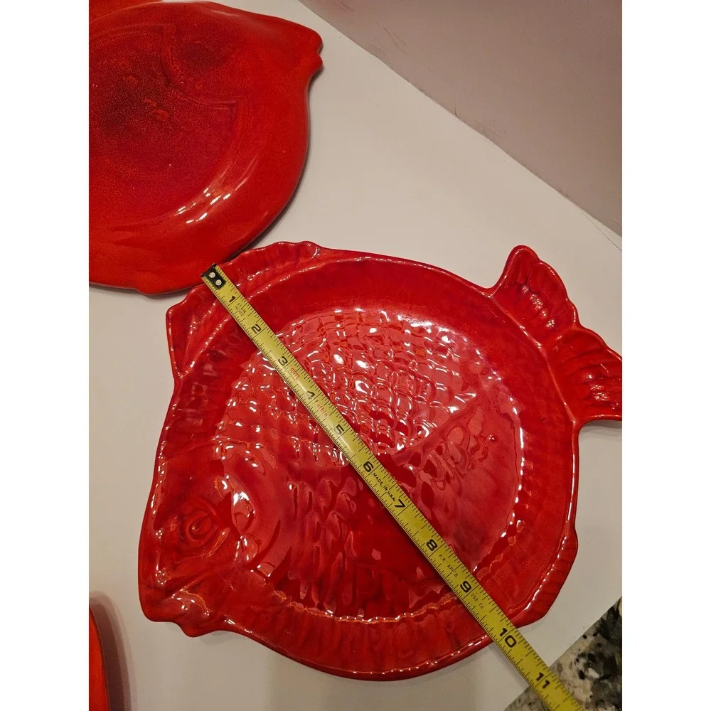Vintage Holland Mold Red Ceramic Fish Plates S/4 MCM Nautical Signed‎ Pickle